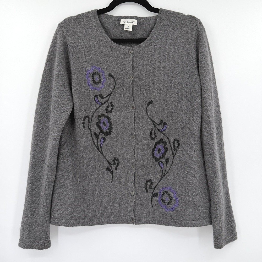 Merino Wool Angora Gray Floral Embroidered Cardigan Sweater Fair Indigo M